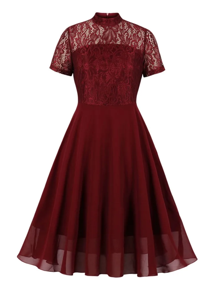 

Женское ТРАПЕЦИЕВИДНОЕ ПЛАТЬЕ на молнии, с воротником-стойкой и коротким рукавом, новое винтажное привлекательвечерние праздничное кружев...