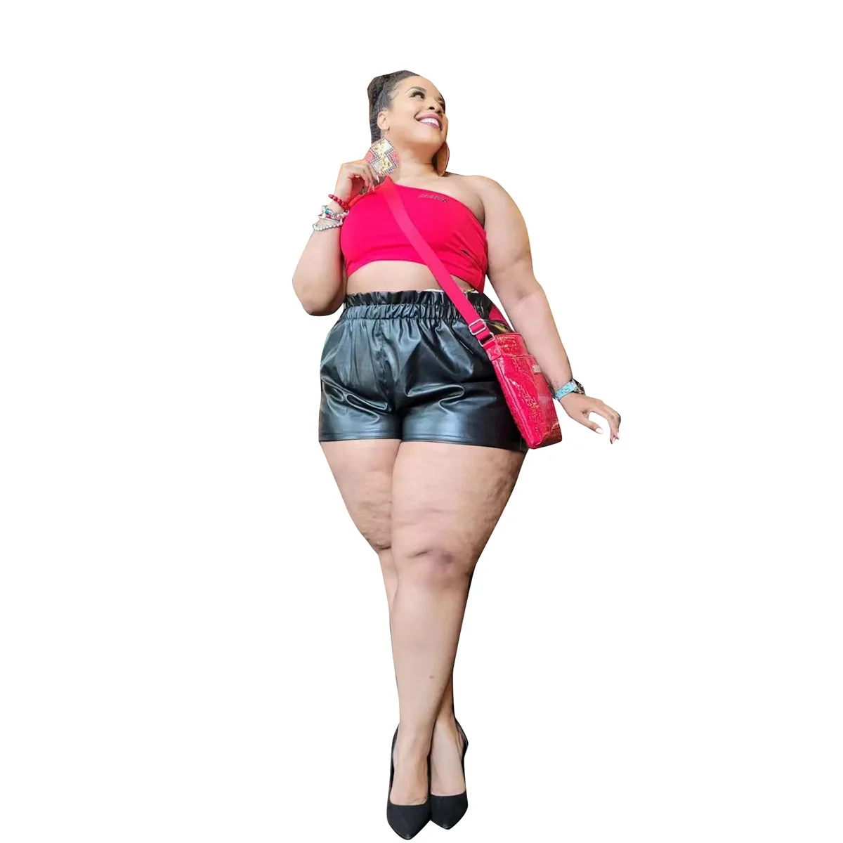 Plus Size Streetwear Pu Leather Biker Shorts Pants Summer Clothing For Women Outfit Fashion High Waist Loose Soild Short Trouser