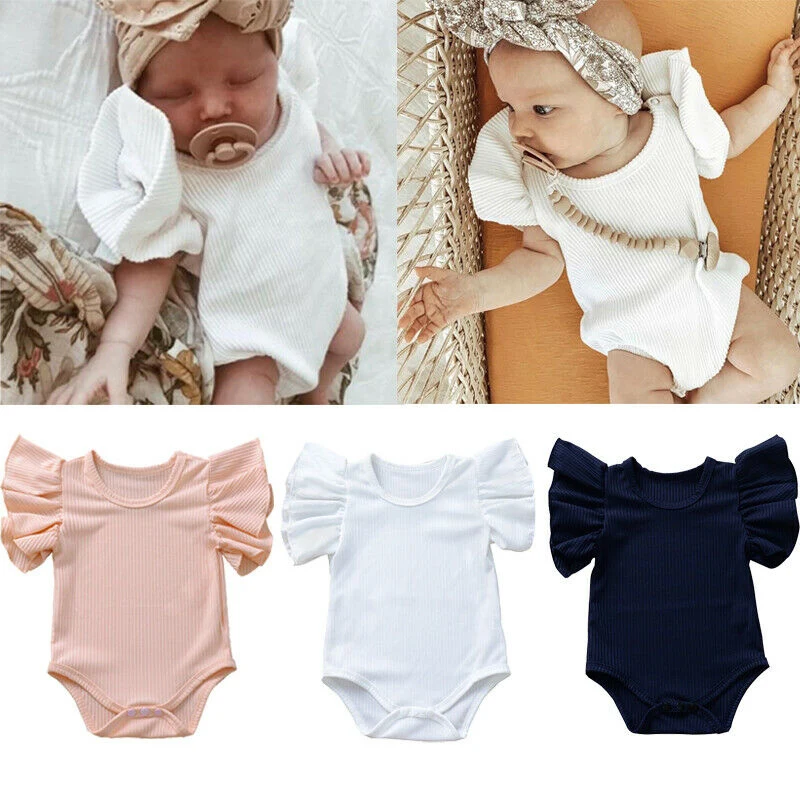 

Baby Girl Soild Color Ribbed Bodysuits Ruffle Sleeve Romper Jumpsuit 0-18M Newborn Infant Toddler Summer Casual Outfits 2022