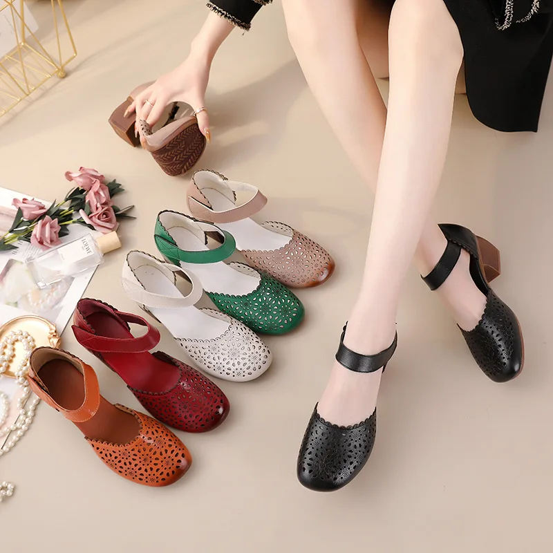 xiuteng 2022 New Middle-aged and Elderly Comfortable Medium Thick Heeled Leather Hollow Mom Sandals Hole Shoes Women