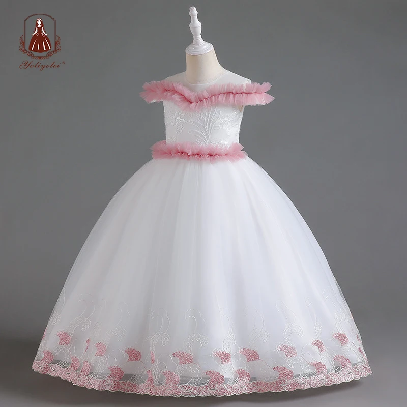 

Outong 5-14 Years Ruffles Communion Dresses Flower Girl Long Tulle Children Princess Baby Wedding Formal Birthday Prom Dresses