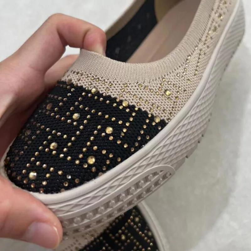 Womens Stretch Knitted Rhinestone Breathable Flat Platform Casual Fisherman's Shoes Slip-on Fashion Ladies Flats Driving Loafers
