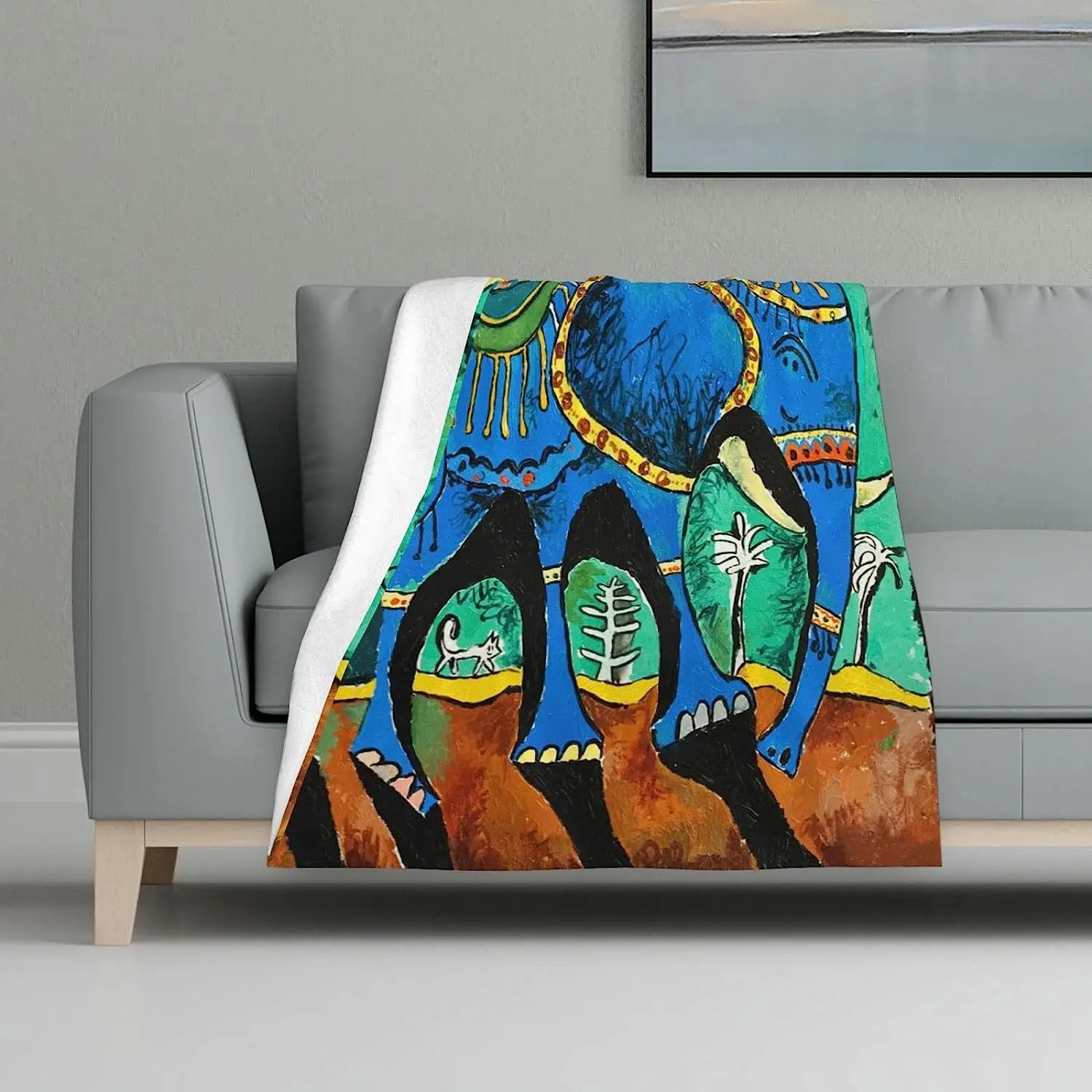 

Indian Painting Elephant Throw Blanket Moon and Stars Throw Blanket Bed Couch Sofa Travelling Camping Super Soft Blanket