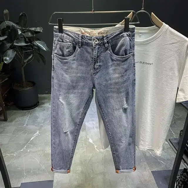Spring and Summer New Mens Jeans High End Trendy Brand Printed Micro Harlan Feet Pants Korean Version Trendy Crop Pants for Men