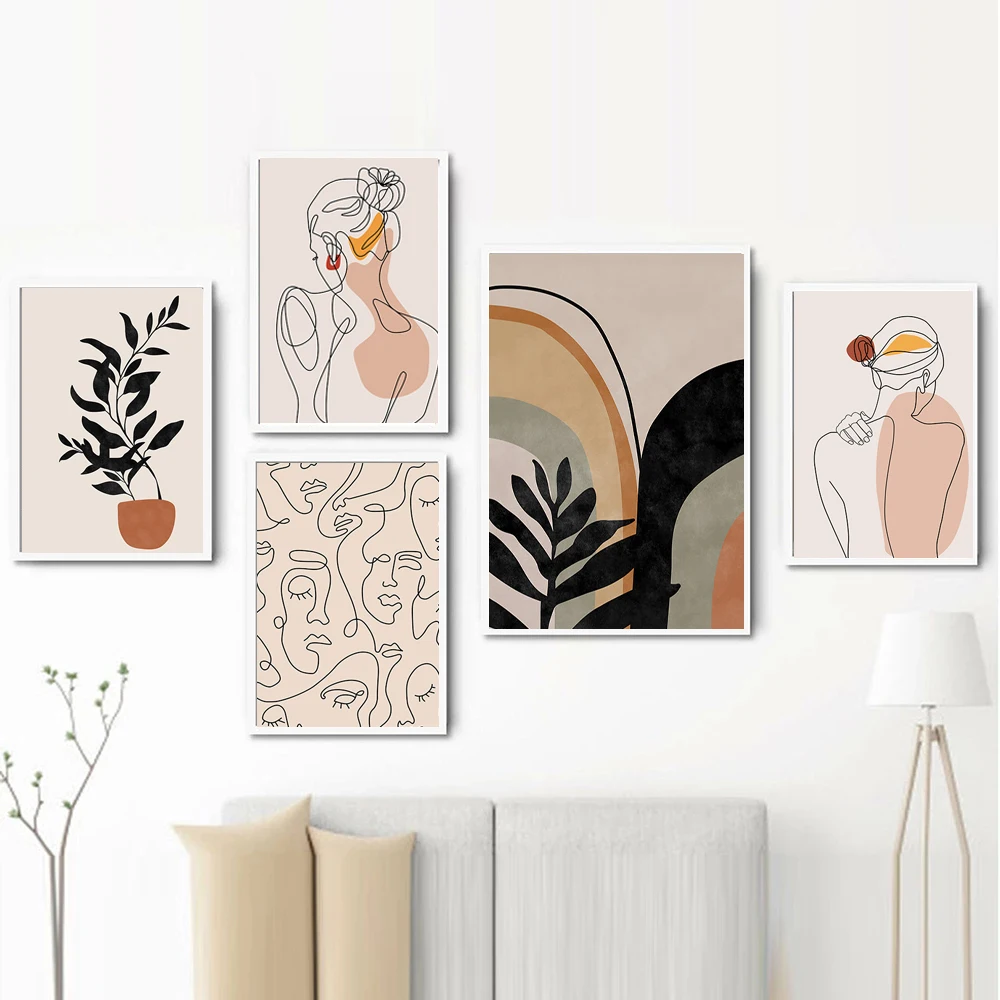 

Абстрактная Минималистичная однолинейная Картина на холсте с листьями, настенный художественный плакат, печать, Скандинавская картина для...