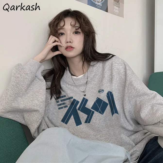 

Sweatshirts Women O-neck No Hat Loose Baggy Aesthetic Thicker All-match Autumn Winter Chic Printing Fashion Casual Student