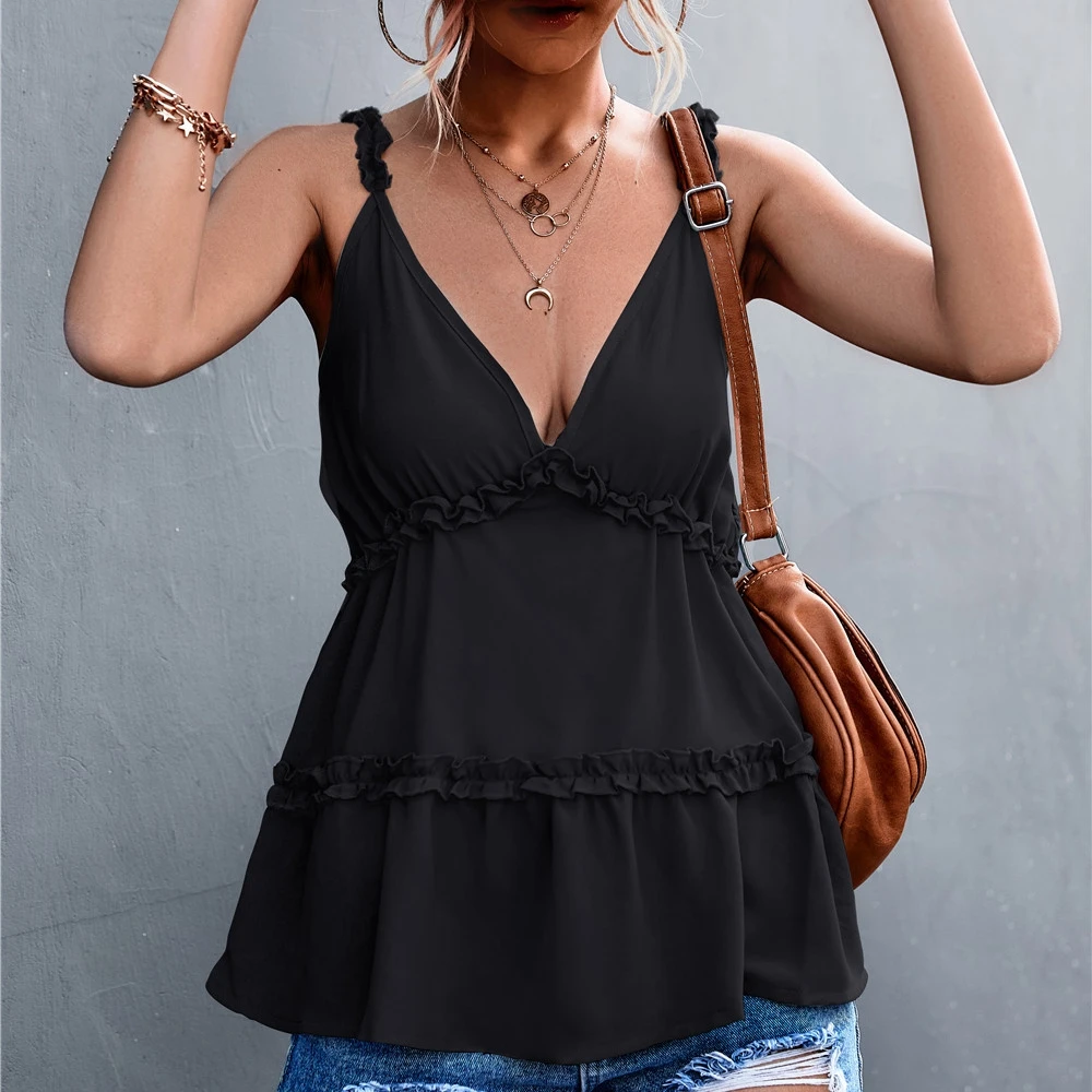

Tank Top Bohemian Sexy V-Neck Solid Color Sling Ruffled Small Tank Top Casual Loose Western Style Ladies Top 2022 Spring Summer