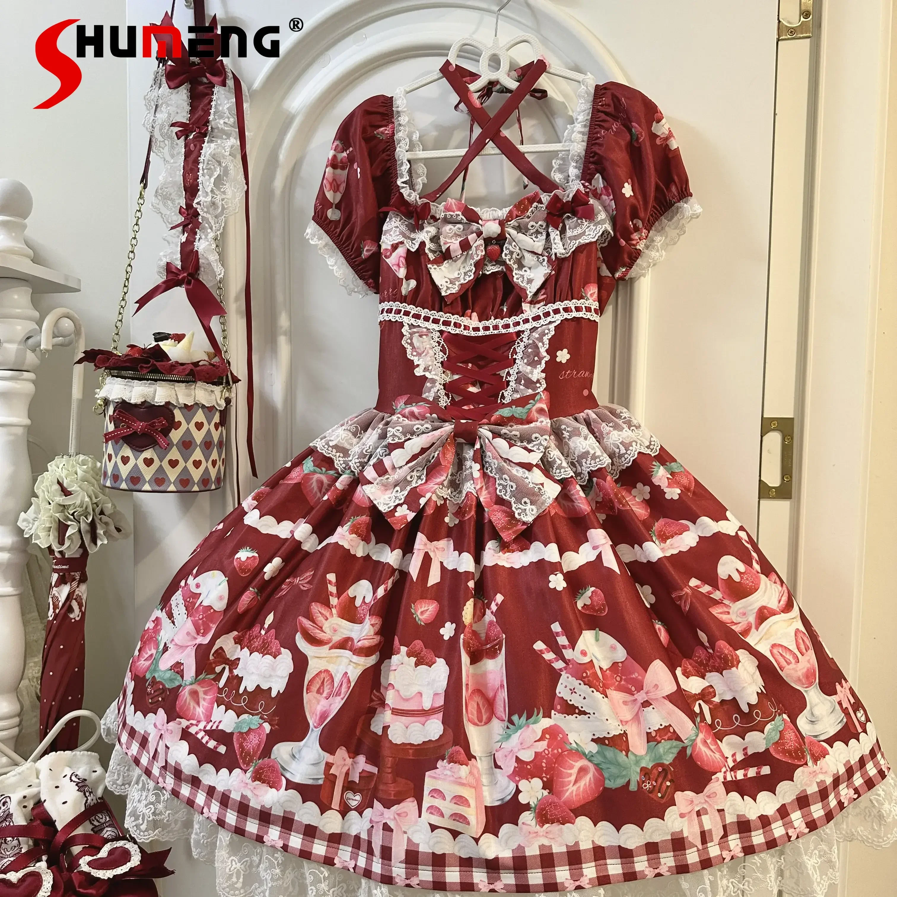 Милое платье принцессы для чаепития красное с лямкой на подтяжках в стиле Лолиты