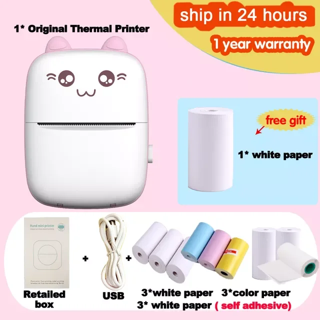 

Portable Mini Thermal Printer Wireless BT 200dpi Photo Label Memo Wrong Question Printing with USB Cable No Ink Print
