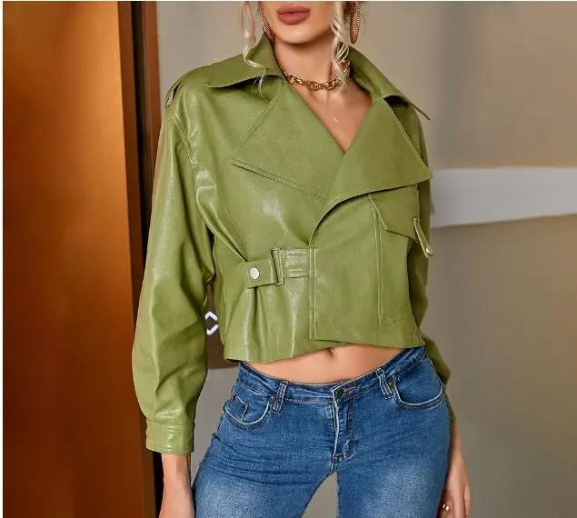 LXUNYI PU Leather Jacket  Female 2022 Autumn Women's Fashion Loose Faux Leather Turn-down Collar Epaulet Short PU Coat Green
