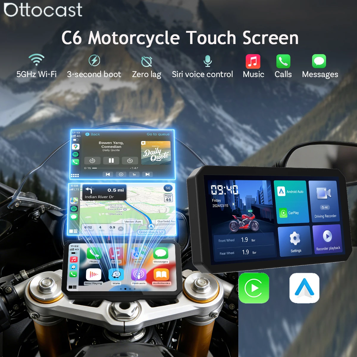 Фото Мотоциклетный экран OTTOCAST C6 с беспроводным CarPlay и Android Auto, видеорегистратором, датчиками давления в шинах (TPMS), водонепроницаемостью IP67 и 6-дюймовым сенсорным экраном №1