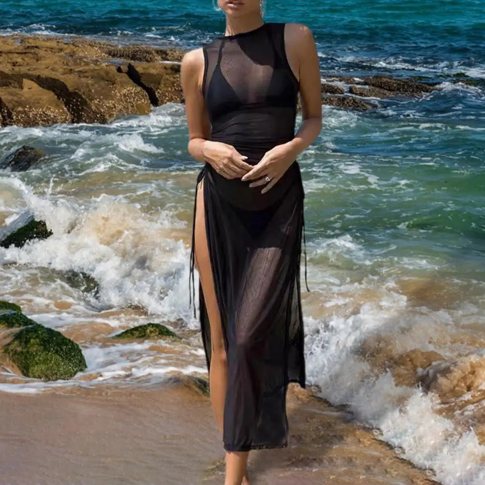 

O-neck Side High Split Shirring Cover Up Dress Women Mesh Transparent Sleeveless Sunscreen Dress for Vacation
