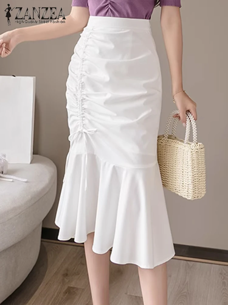 Юбка ZANZEA Женская плиссированная средней длины, элегантная однотонная модная плиссированная юбка-годе с завышенной талией, с завязкой на бедрах, осень 2023