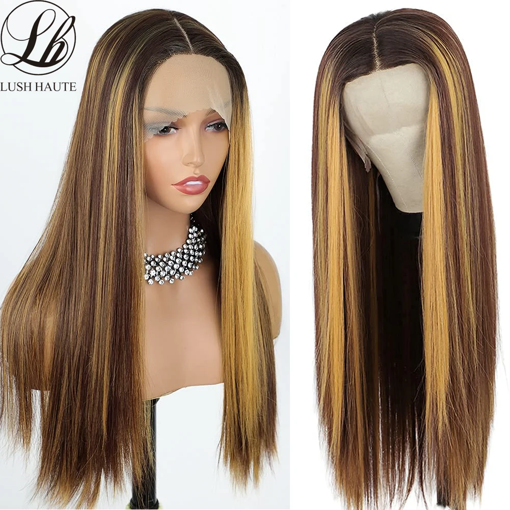 

Highlight Synthetic T Part Lace Front Wigs Long Straight Blonde Mix Brown Lace Wigs for Black Women Black Ombre Honey Blonde Wig
