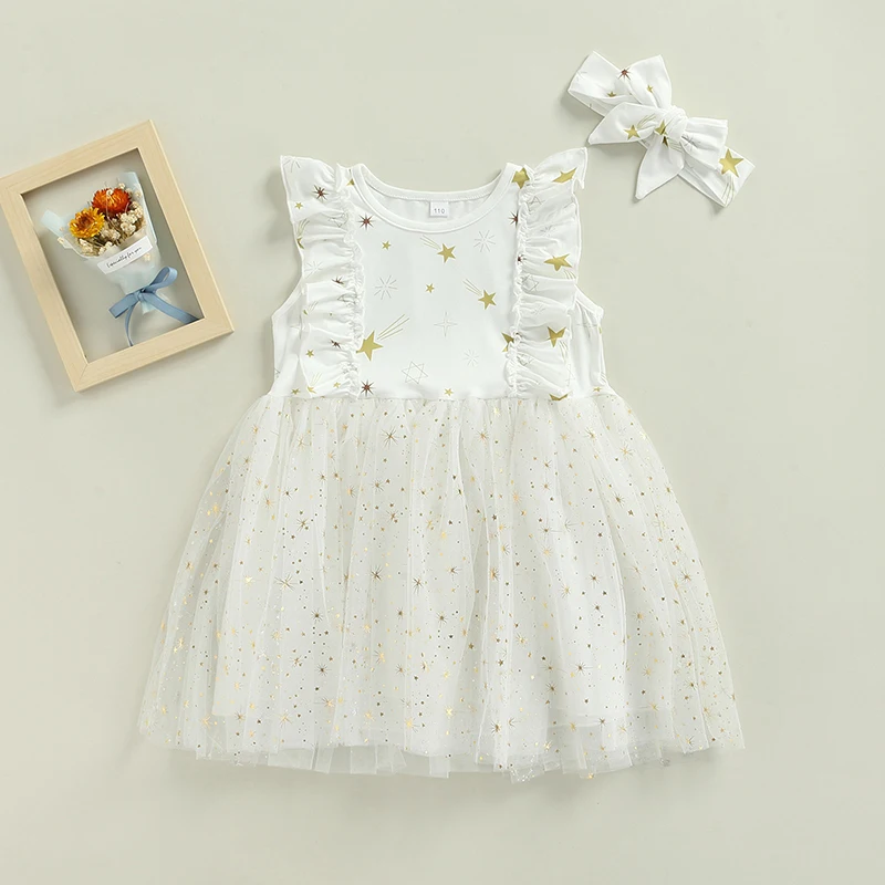 

Одежда для маленьких девочек, платья, Повседневное платье без рукавов, модное Сетчатое платье-трапеция со звездами и принтом, с повязкой на ...