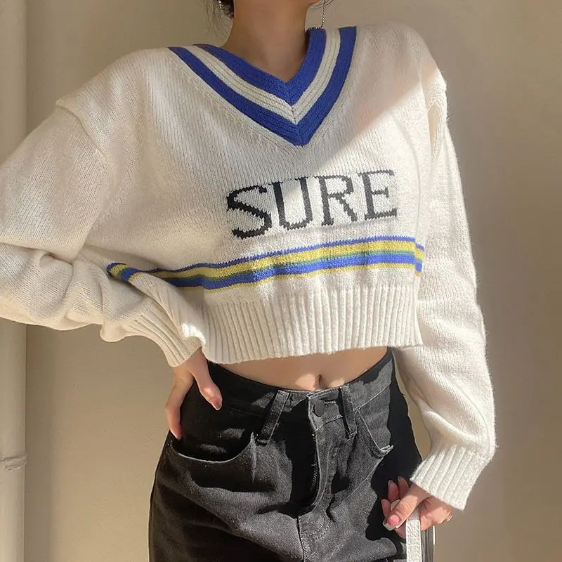

Hikigawa Chic Fashion Women Preppy Style Stripe Letter Jacquard Knit Sweater Streetwear Casual Loose V neck All Match Pullover