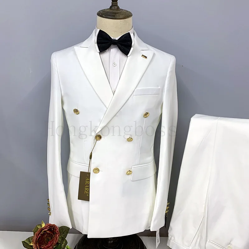 2022 New  Men's Suit 2 Pieces Double-Breasted Notch Lapel Flat Slim Fit Casual Tuxedos For Wedding(Blazer+Pants)