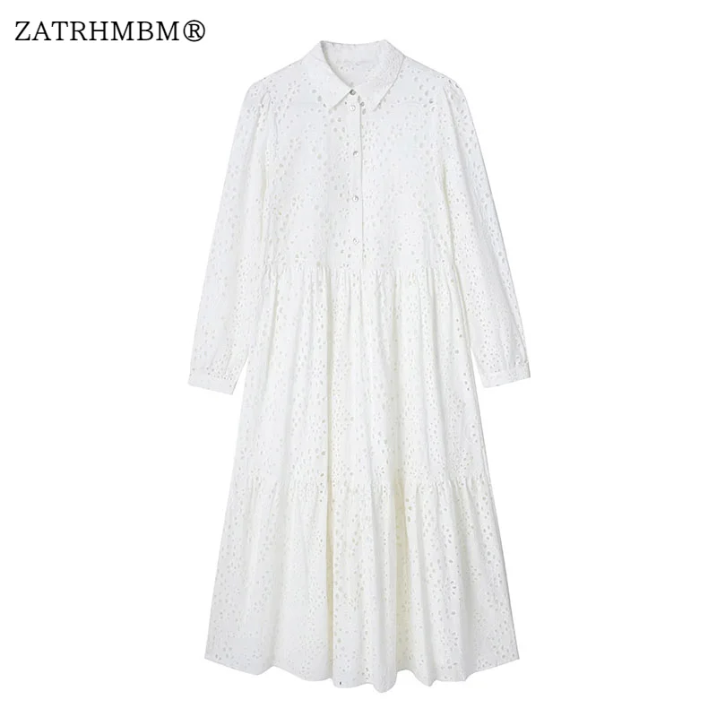 

ZATRHMBM Women 2023 New Fashion Cutout Embroidered Midi Dress Vintage Long Sleeve Button Up Female Dresses Vestidos Mujer