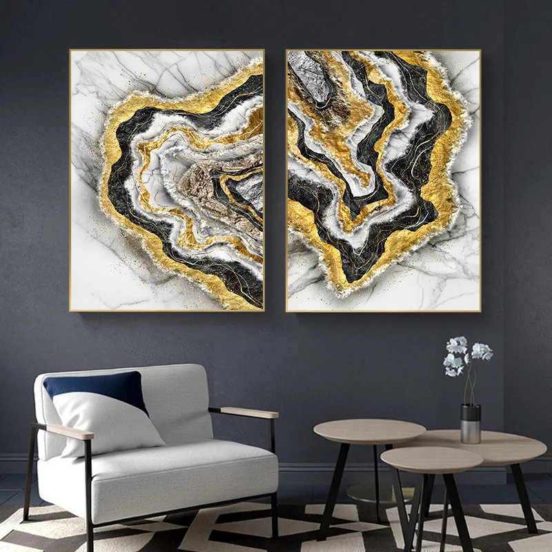 

Abstract Luxury Marble Poster Home Decor Wall Art Canvas Painting Golden Black and White Marble Picture and Print for Parlour