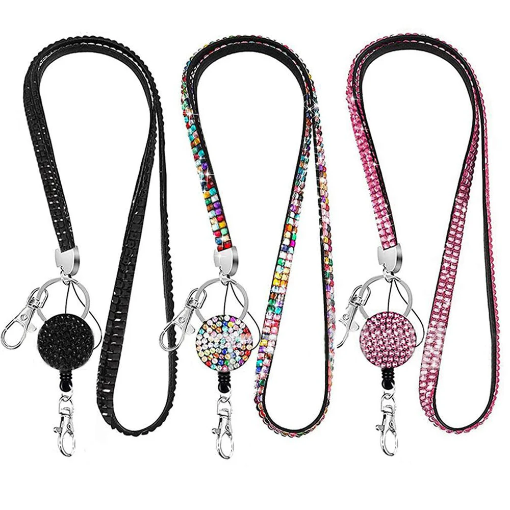 

1Pc Rhinestone Retractable Reel Badges Holder Glitter Crystal Neck Strap Mobile Phone Anti-Lost Lanyard ID Badge Card Holder