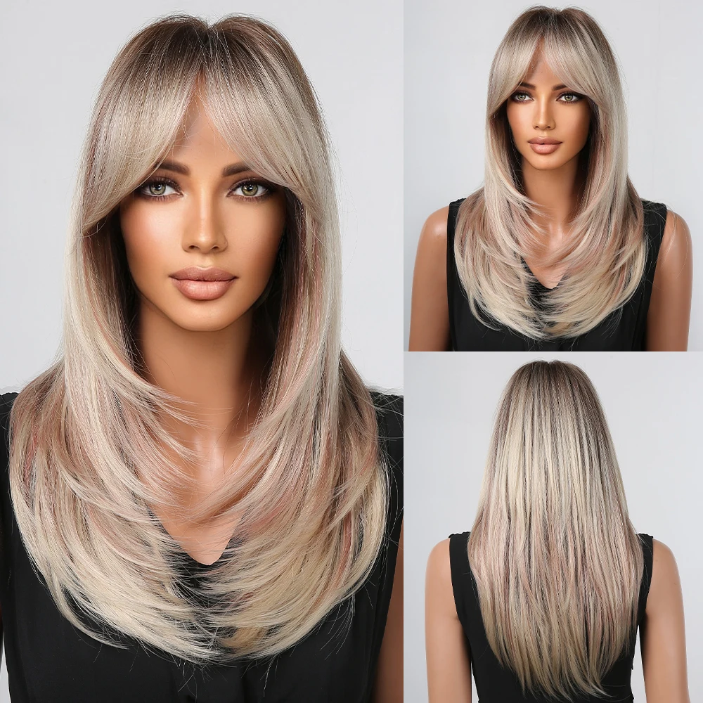 

Ombre Blonde Platinum Long Natural Synthetic Wigs for Women Straight Cosplay Daily Party Wigs Hair with Bangs Heat Resistant