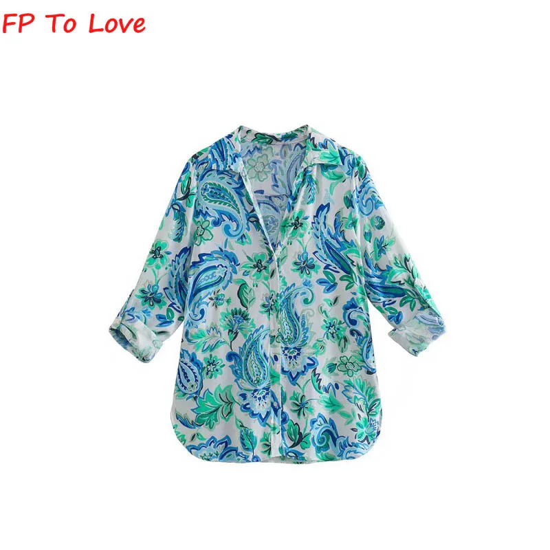 

FP TO LOVE French 2022 Blue Printed Boho Roll Sleeve Shirt Women Summer Long Sleeve Chic Vintage Single Breasted Top