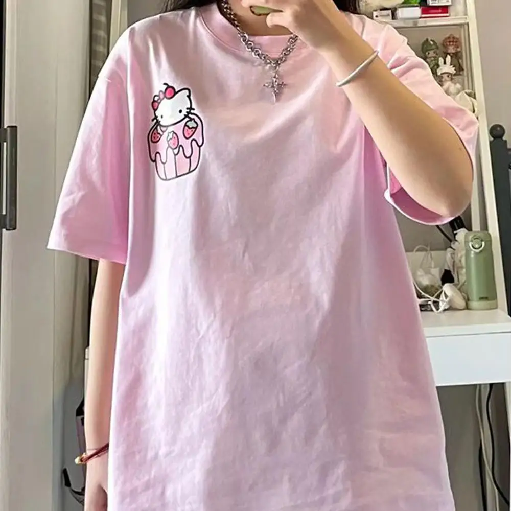

Hello Kittys Short Sleeves Sanriod Cartoon Summer T-Shirt Print Top Korean Style Slim New Shorts Top Cute Soft Fashion Clothing