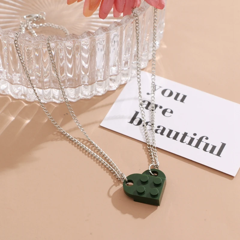 New Punk 2Pcs Heart Brick Couples Love Necklace For Lovers Women Men Lego Elements Friends Necklaces Valentines Gift Jewelry images - 6