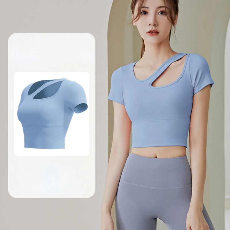 Quick-drying Breathable Sports Top Women's Hollowed-out Slim Yoga Top Women's with Chest Pad Shockproof Yoga Short Sleeves