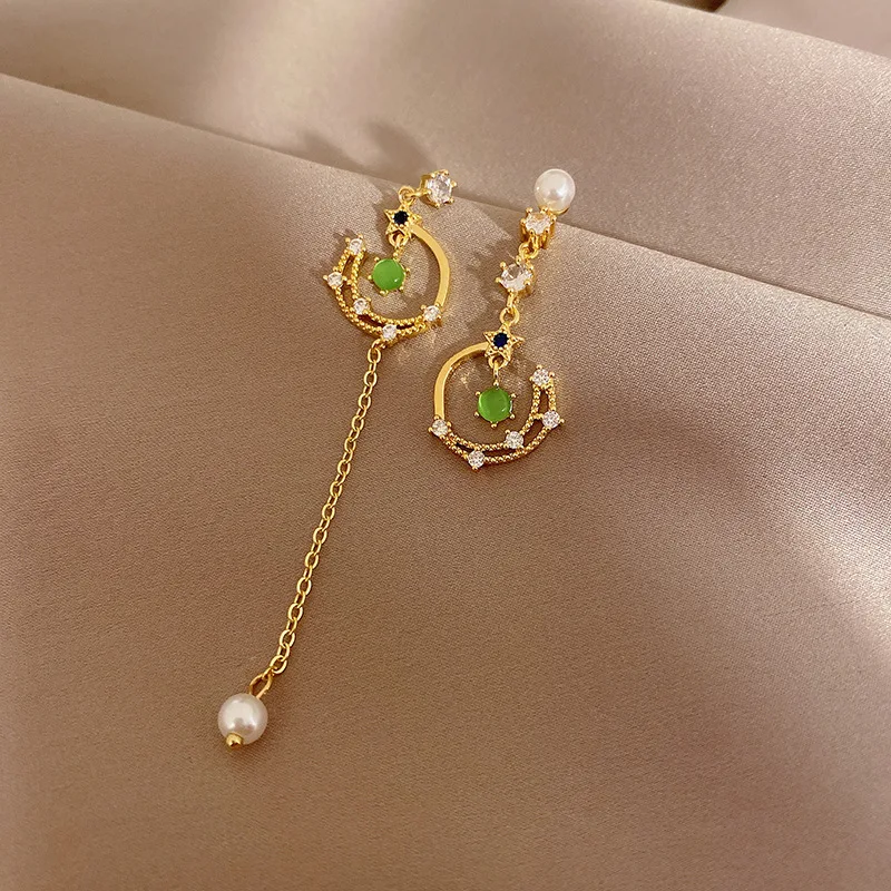 

New Trendy Opal Zircon Moon Asymmetric Earrings For Women Korean Elegant Temperament Long Pearl Tassel Drop Earrings Jewelry