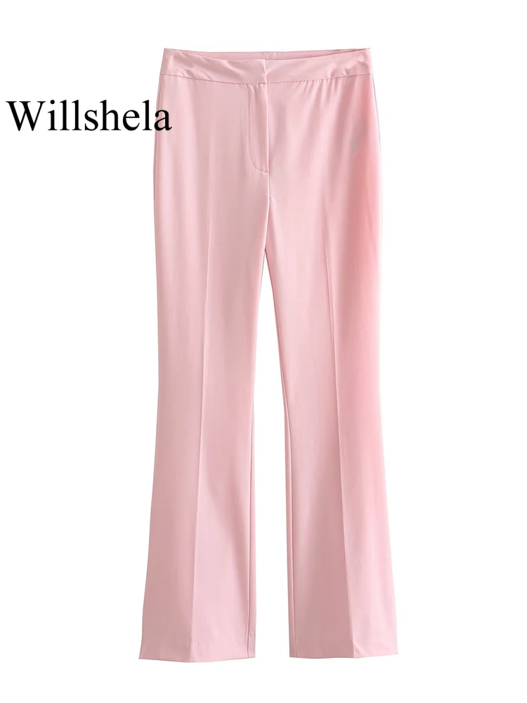 

Willshela женские модные розовые расклешенные брюки с молнией спереди винтажные длинные женские брюки с высокой талией