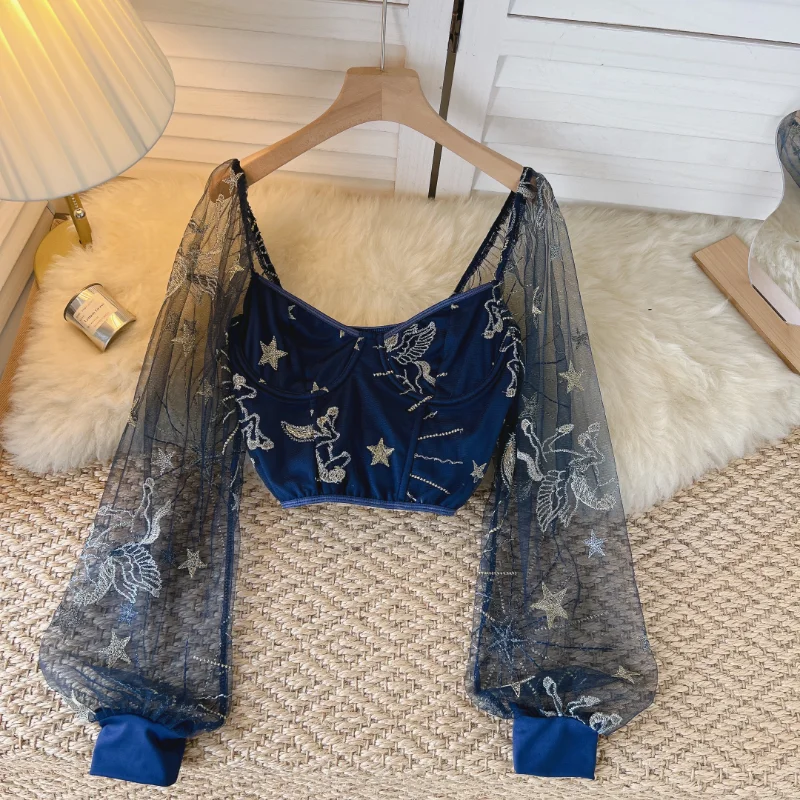 

Korean Fashion Blue Square Collar Blouse Woman Mesh Patchwork Embroidery See-through Long Sleeve Blusas Mujer Top Dropshipping