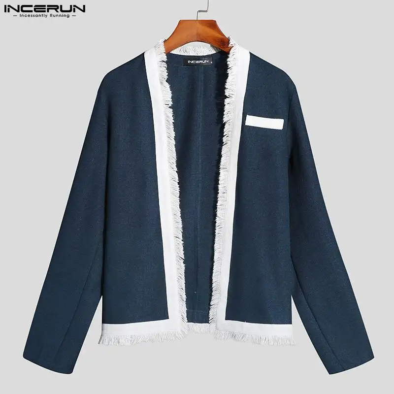 Stylish Hot Sale Tops New Men's Party Hot Sale Collarless Shirts INCERUN Streetwear Male Sexy Stitched Tassel Blouse S-5XL 2022