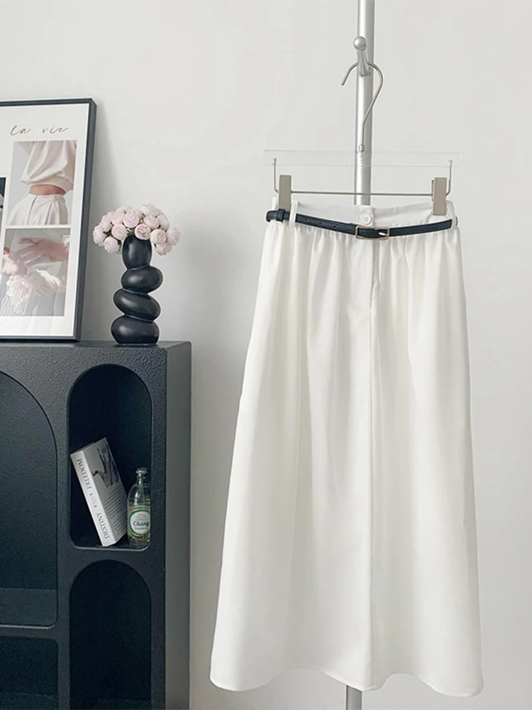 

2023 Summer Women Korean Fashion Midi A-line Skirt With Belt Party Solid Color Vintage Elegant Aesthetic Simple Tide Mori Girl