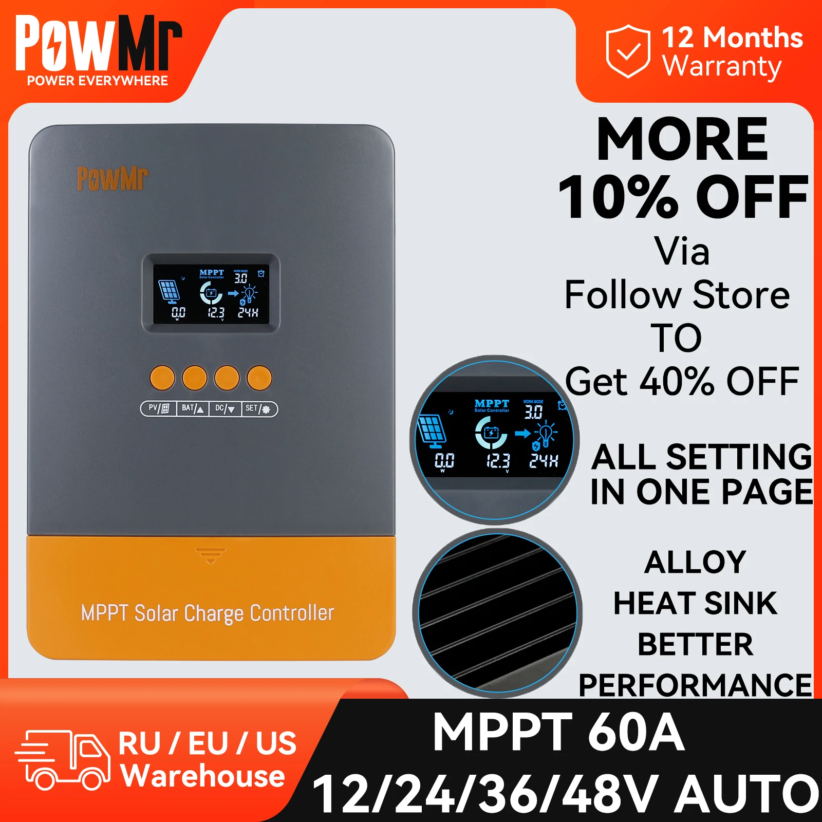 

PowMr 60A 12V 24V 36V 48V MPPT Solar Charge Controller Support Lithium Lead-Acid Gel Battery Regulator Max PV Power 200W-2800W