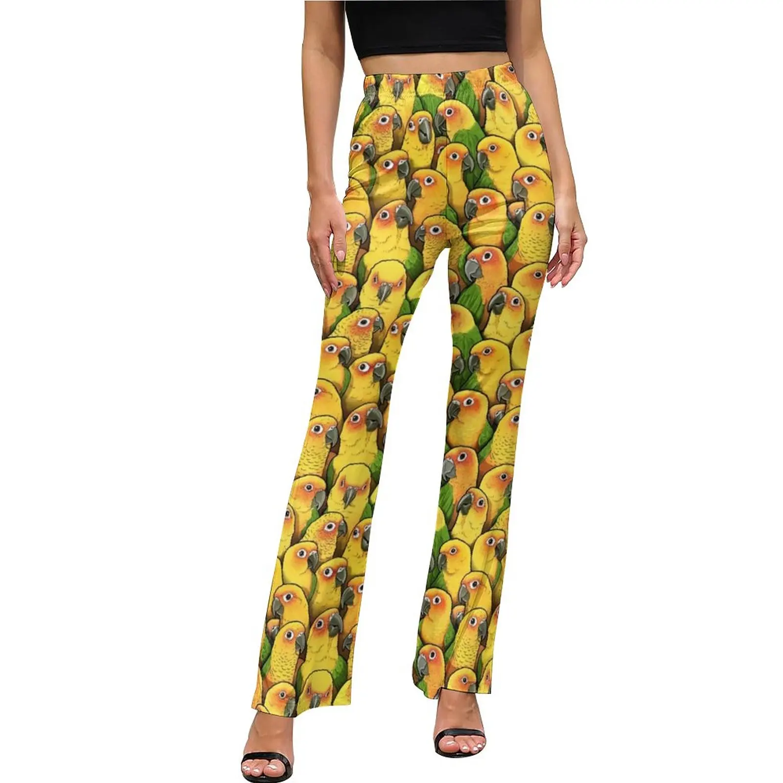 

Yellow Parrot Print Pants High Waist Jenday Conures Korean Fashion Flared Pants Spring Sexy Graphic Oversize Trousers