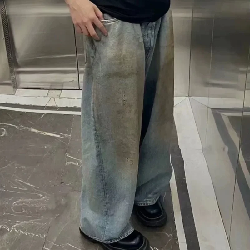 Окрашенные в грязь старые свободные повседневные джинсы потертые широкие брюки