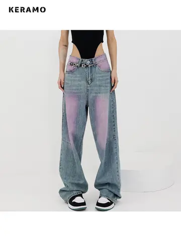 Women's Y2K Harajuku High Waist Vintage Loose Jeans Pants American Retro Streetwear Wide Leg Baggy Tie Dye Denim Trouser