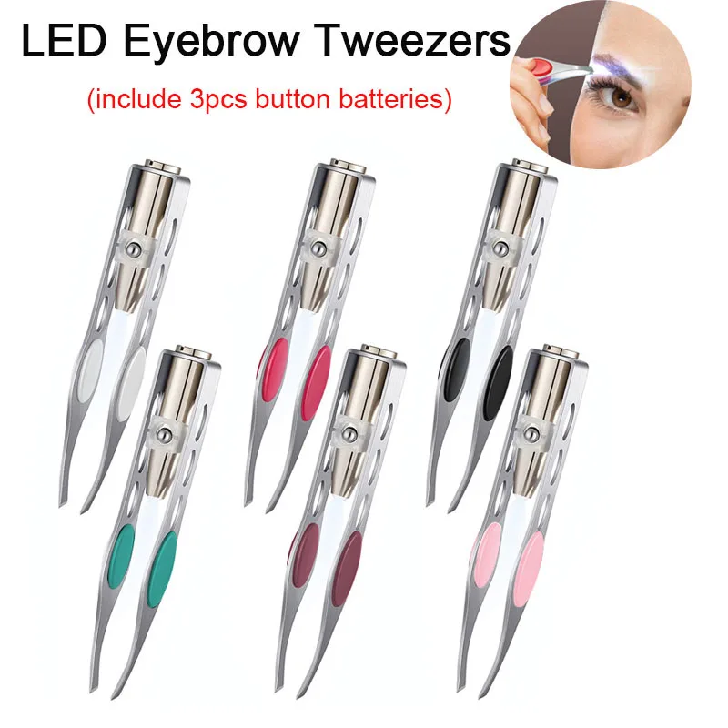 

LED Eyebrow Tweezers Oblique Tip Eyebrow Trimming Clip Stainless Steel Eye Hair Removal Clamp False Eyelashes Curler Makeup Tool