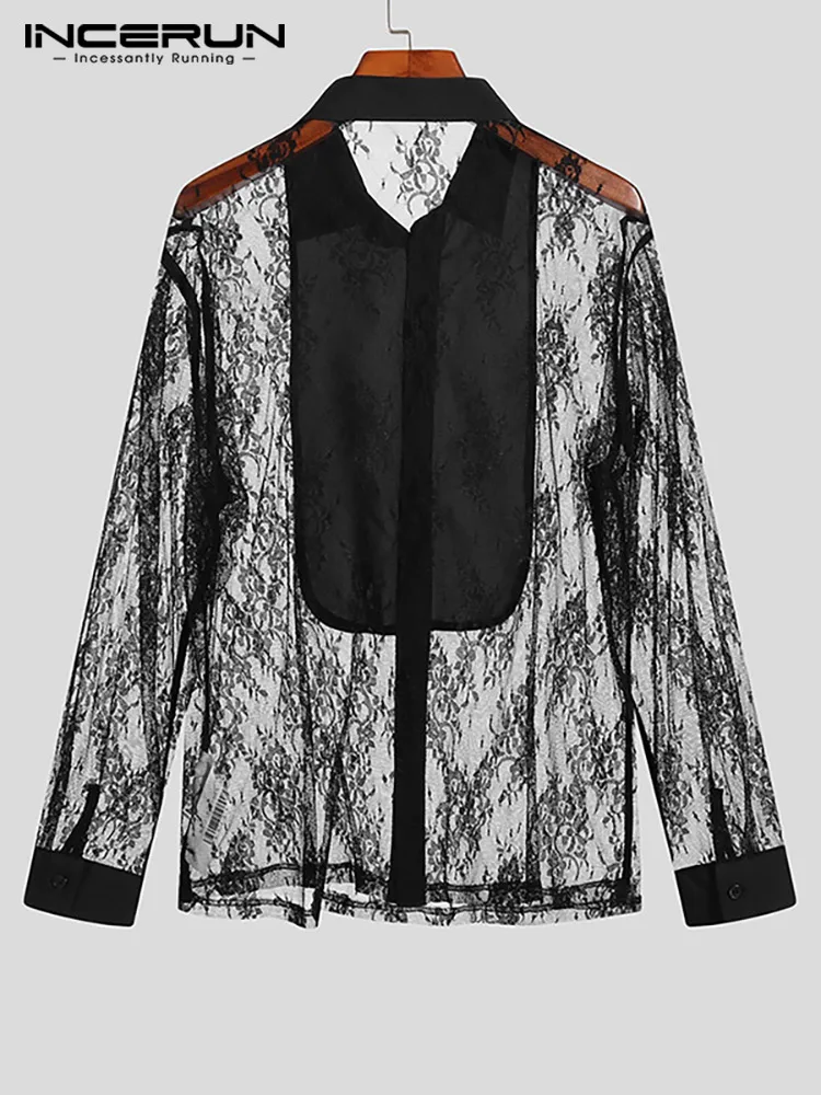 Party Shows Style New Men's Sexy Lace Stitching Shirts Stylish Male Solid All-match Long-sleeved Blouse S-5XL INCERUN Tops 2022