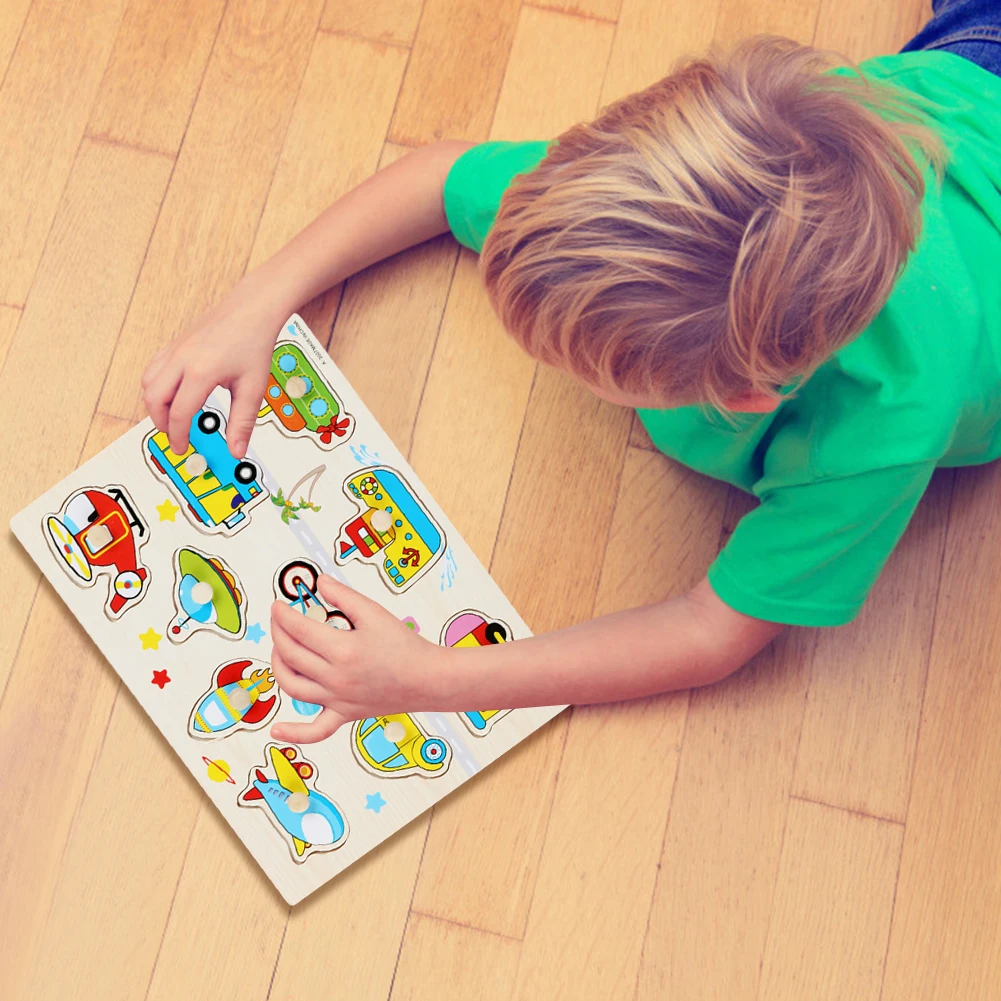 

Wooden Jigsaw 3D Puzzle for Children Early Learning Educational Toy Hand Grip Board Cartoon Geometric Transportation Puzzle