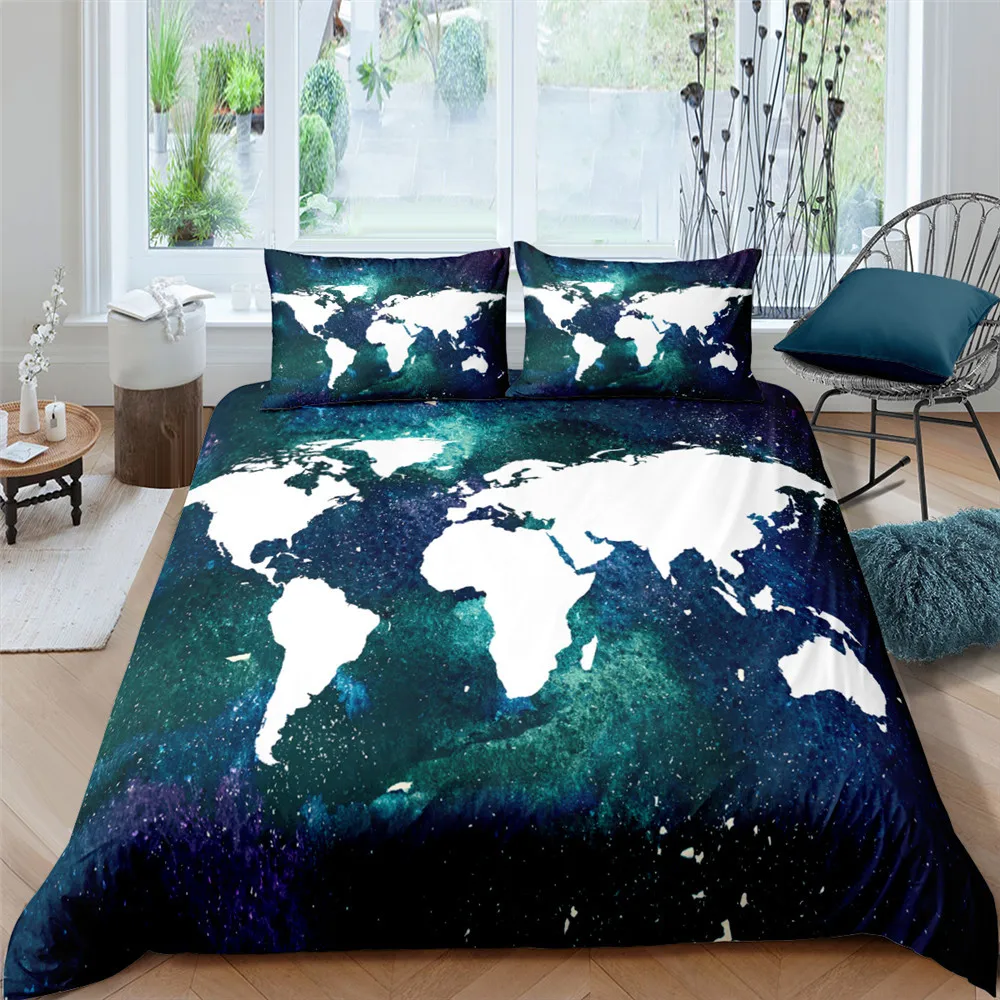 

High Quality Creative World Map Home Textile Fashion Design Bedding Set 2/3pcs Twin Full Size Polyester Quilt Cover With Zipper