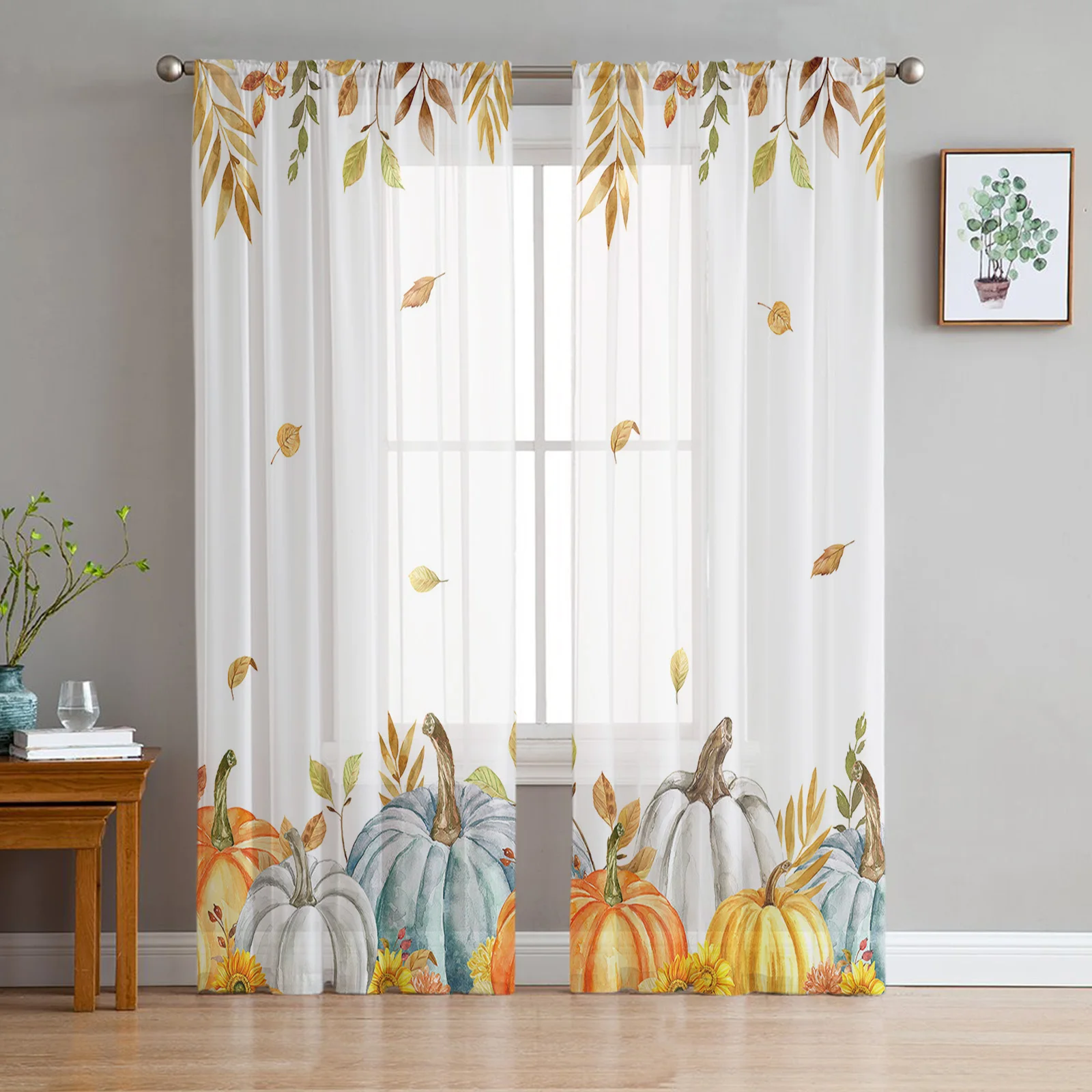 

Тюль с листьями тыквы на День Благодарения, Осенние шторы для гостиной, спальни, украшение, шифоновая прозрачная вуаль, оконные драпировки для кухни
