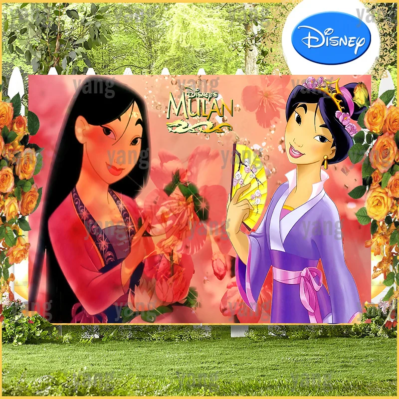 Custom Disney Princess Chinese Background Mulan Red Flowers Backdrop Girls Happy Birthday Party Decoration Cloth Baby Shower