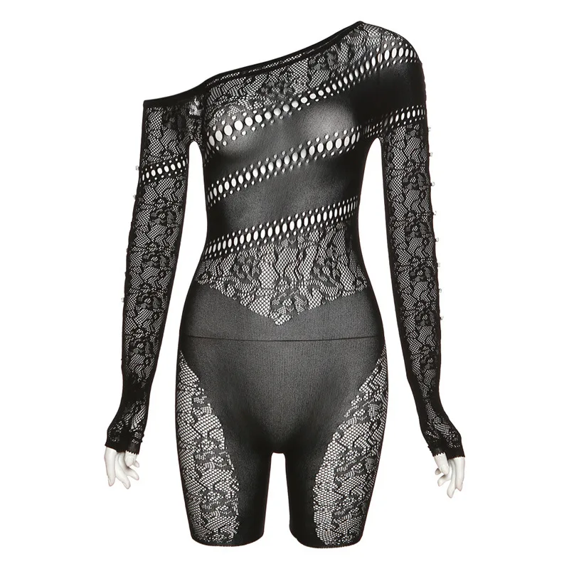 Sexy Women Jumpsuit One Shoulder Solid Color Full Sleeve See Through Party Night Slim Romper Women Jumpsuit Overalls