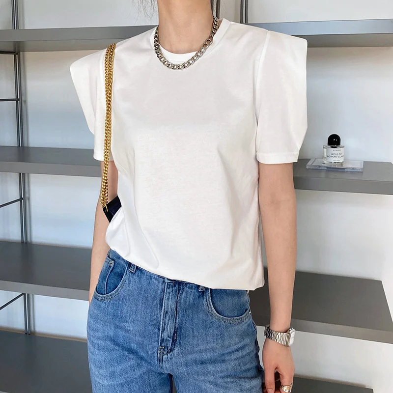 

Summer Design T Shirts Shorted Puff Sleeves T-shirt Ladies's Loose Round Neck Ins Summer Luxury Female Top