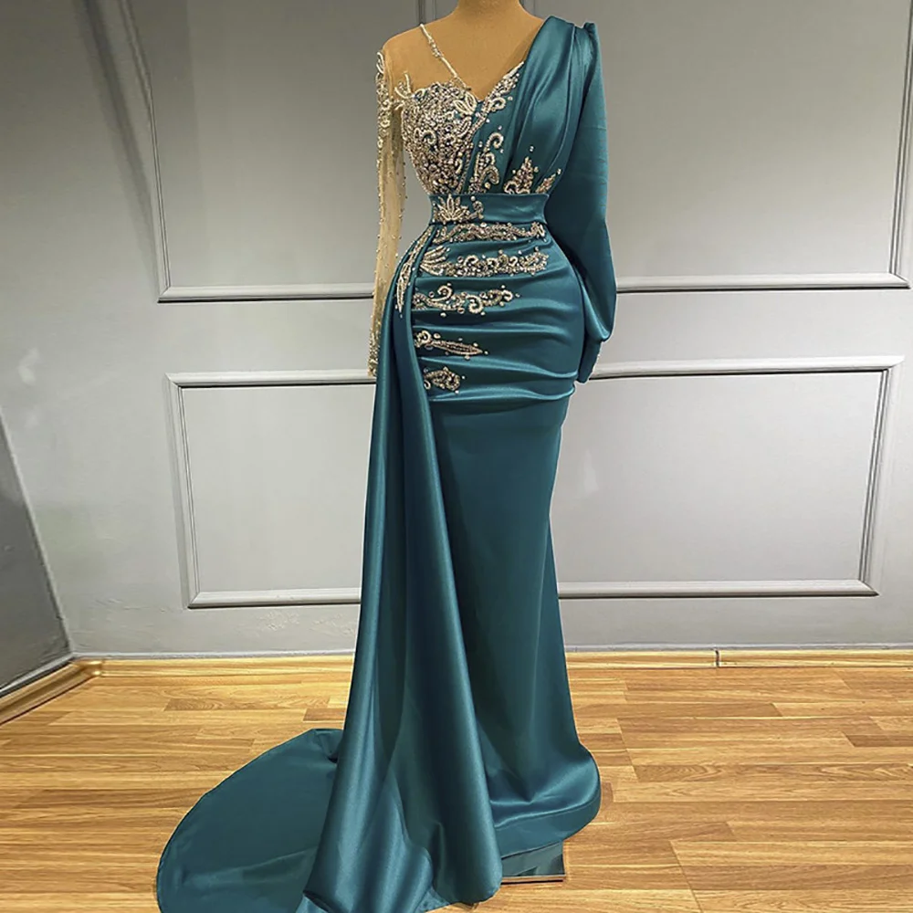 

Luxurious Green V-Neck Long Sleeve Tulle Evening Gown Sectional Pleated Appliqued Sequin Prom Dress With Train Party Dress Vesti