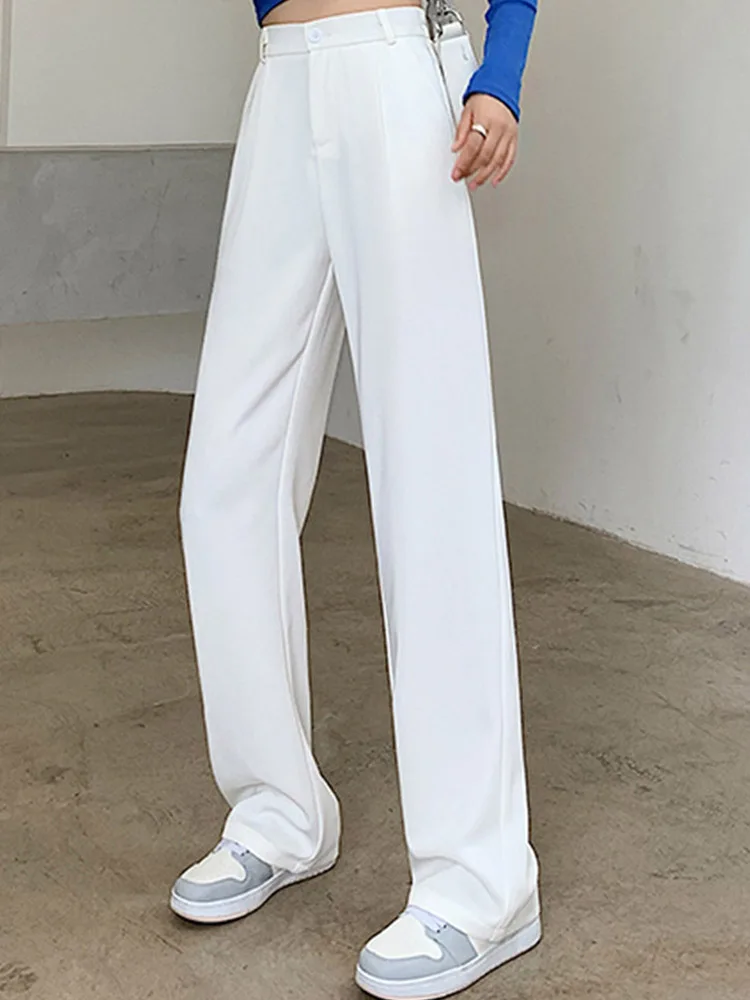 

2023 Loose Workwear Office Lady Female Black Trousers S-XL Pantalon White Wide Leg Pants for Women High Waist Pockets Pants