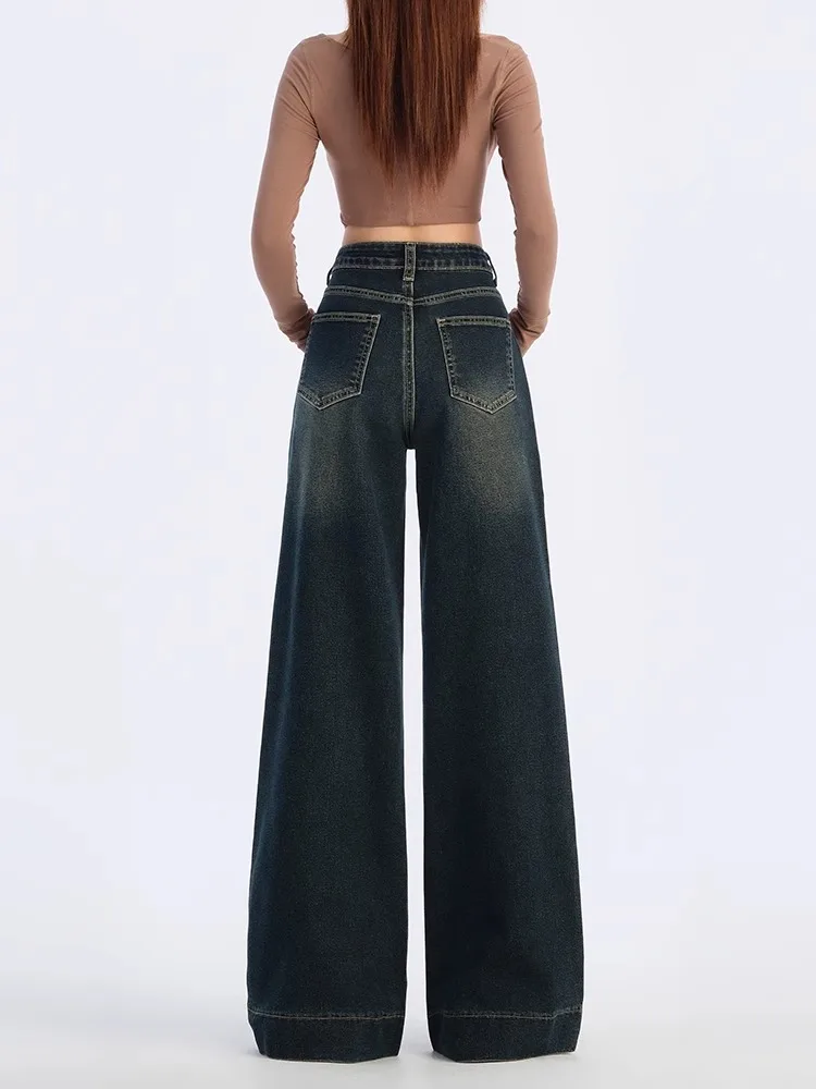 Idolera синие и серые широкие джинсы женские осень зима 2024 новые свободные брюки с