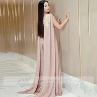 blush pink beaded muslim long evening dresses chiffon v neck formal gown prom party gown luxury dubai moroccan kaftan gown